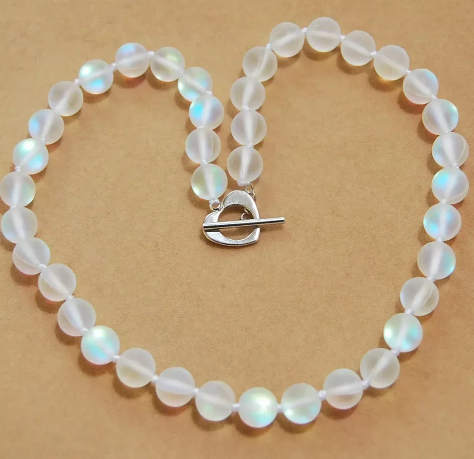 New Jewelry Necklace 8/10/12mm   White Gleamy Rainbow Moonstone Round Gems Bead Necklace 18