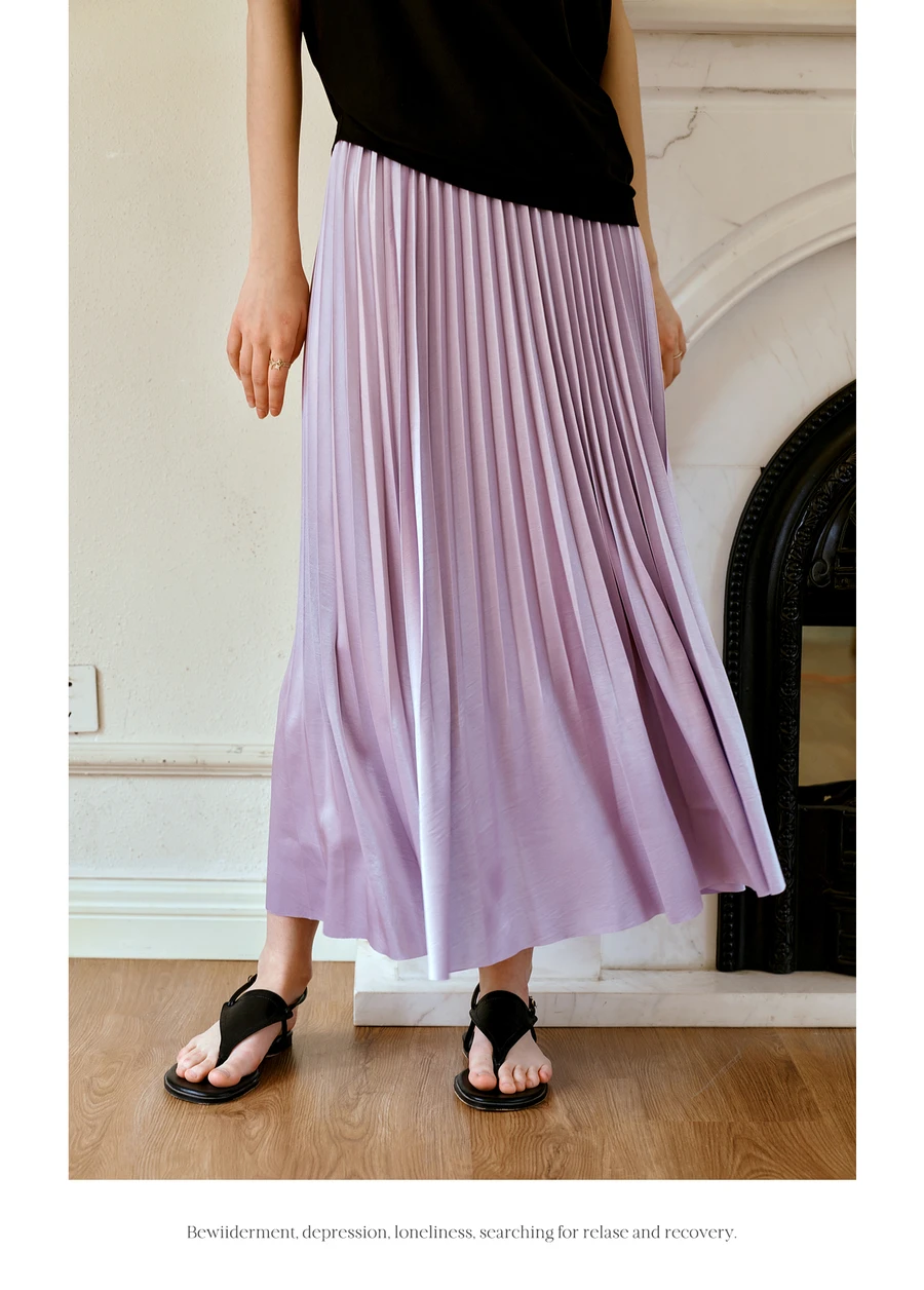 

OLrain 2025 Summer Streamer Pleated Hem Midi Elegant Skirt Women's Satin A-line High-waist Skirts Woman Clothing O57XB99136