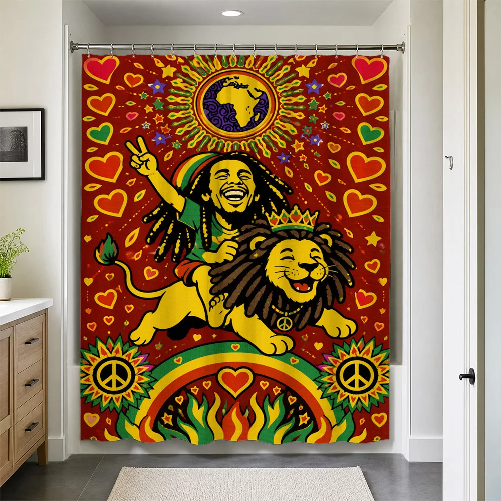 Bohemian Psychedelic Shower Curtain Waterproof Lion Peace Sign Hippie Art Bathroom Liner Retro Tropical Global Style Shower Curt