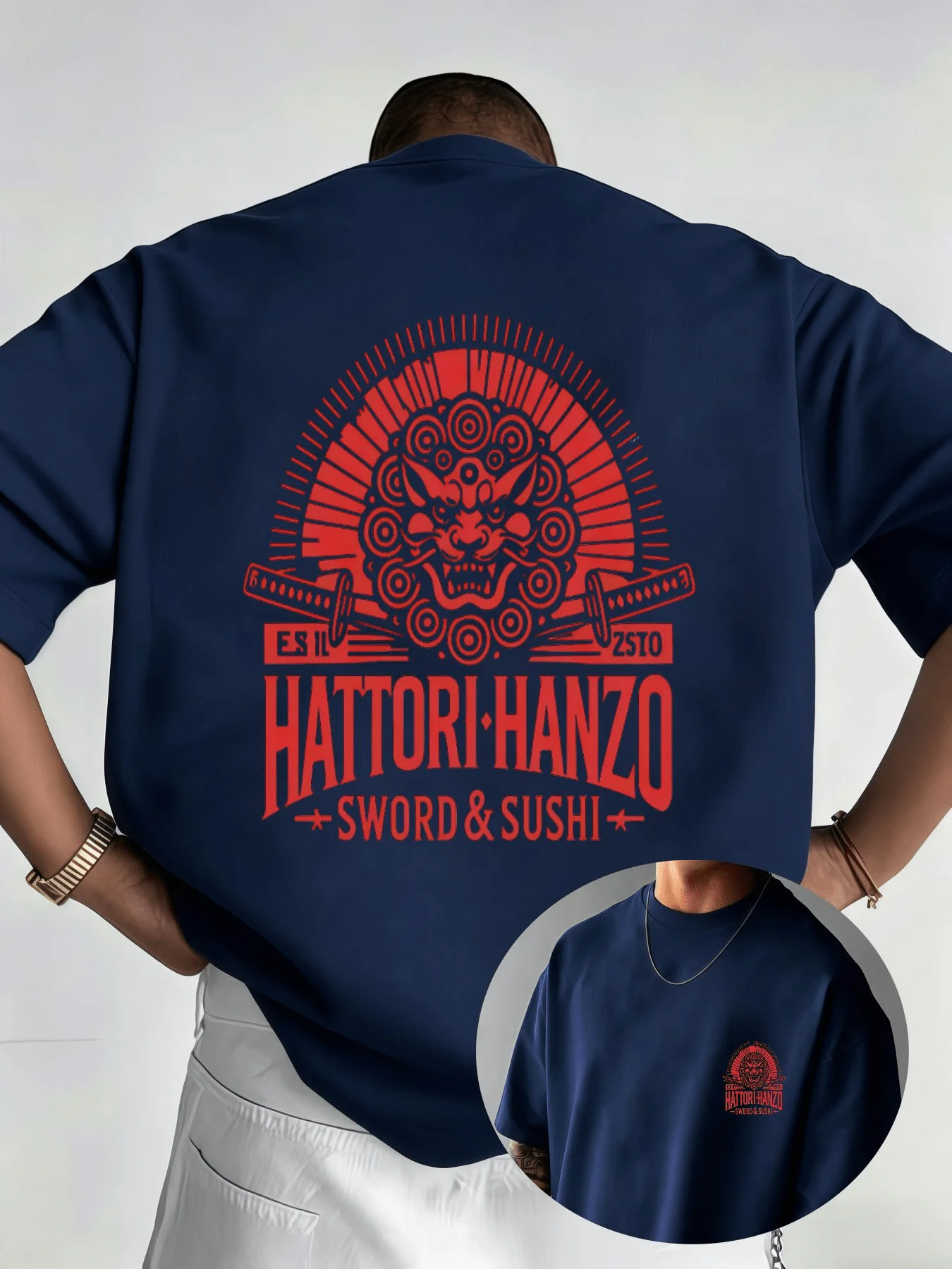 Hattori Hanzo Japanese Samurai Oni Mask Print Men'S T-Shirt Trendy Street Style Individual Round Neck Short Sleeve Top