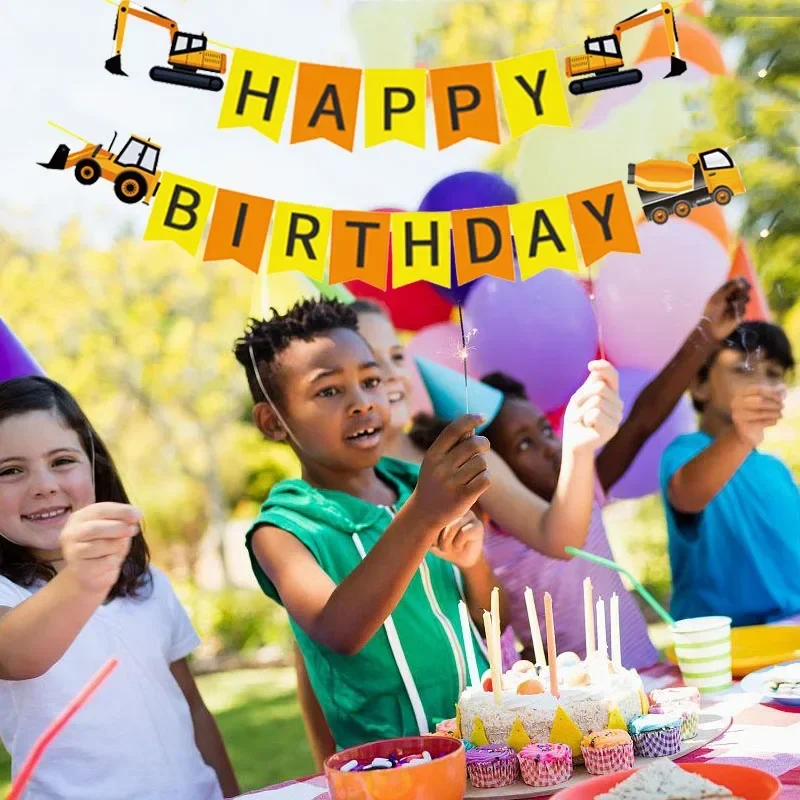 Construction Birthday Banner Dump Truck DIY Party Decorations Builder Bulldozer Excavator Tank Truck Garland Supplies