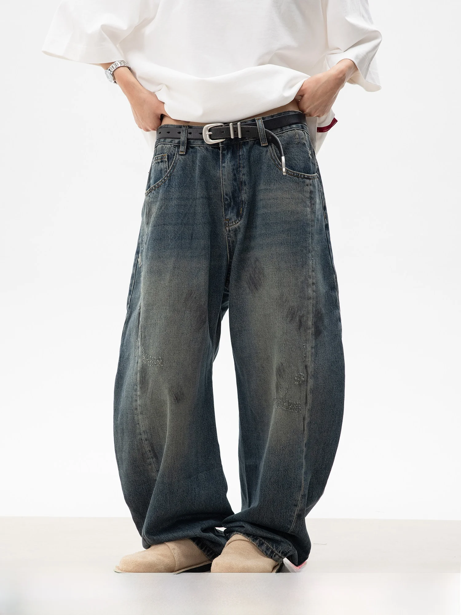 

Мужские джинсы WPP Vintage Washed свободного кроя с эффектом потертости и загрязнений, американский модный бренд, хлопковые джинсовые брюки, повседневные, прямые штанины