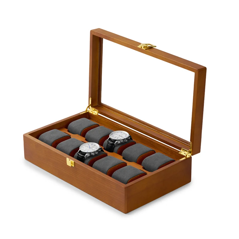 WoodTen-caja de reloj de madera maciza para hombre y mujer, estuche de almacenamiento, exhibición de reloj de pulsera, almacenamiento Visual, 10 rejillas