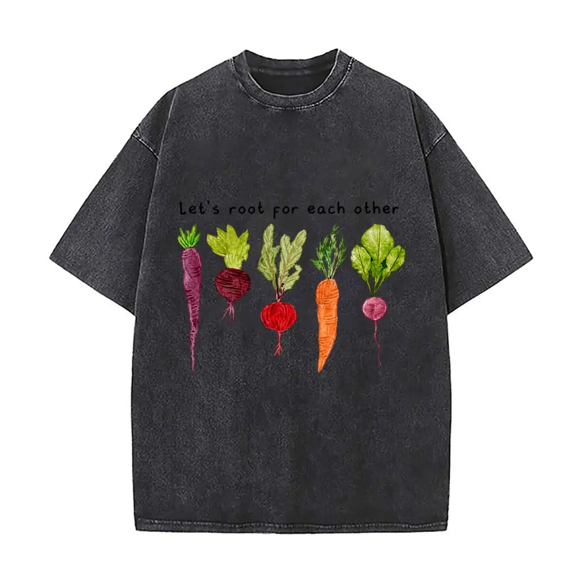Lets Root For Each Other Root Vegetable Garden Illustration Washed Short Sleeve Loose Streetwear Tee Hip Hop