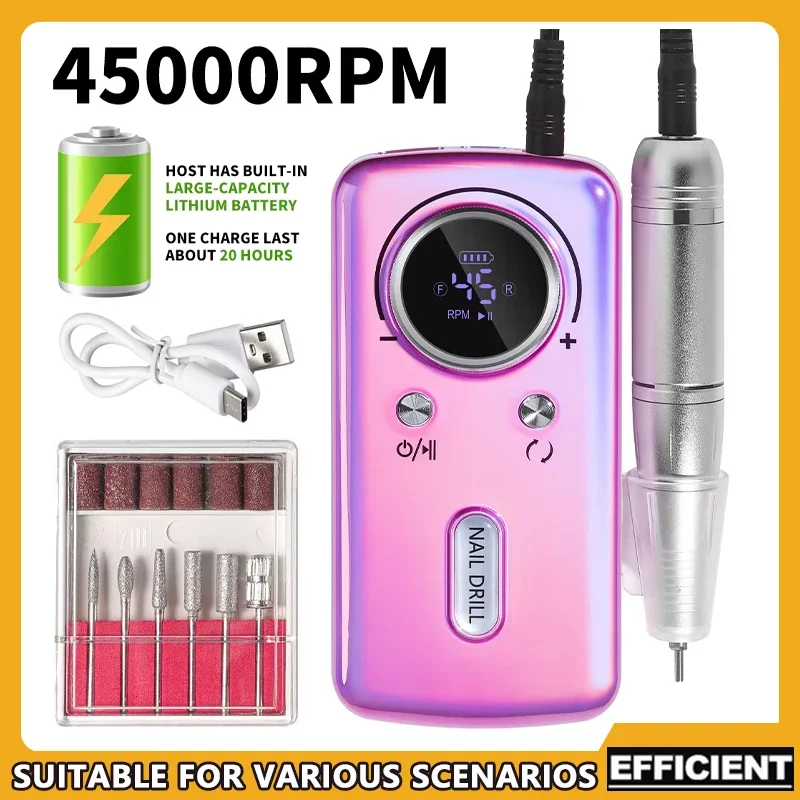 

Electric Nail Drill Machine 45000RPM Portable Rechargeable Gel Nail Sander for Home Manicure Salon Professional Nail File Polish