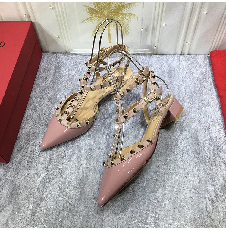 2024 New Summer Sandals Pointed Low Heeled Shoes Fashion Thick Heels Rivet Strap Color Matching Sandals For Women Patent