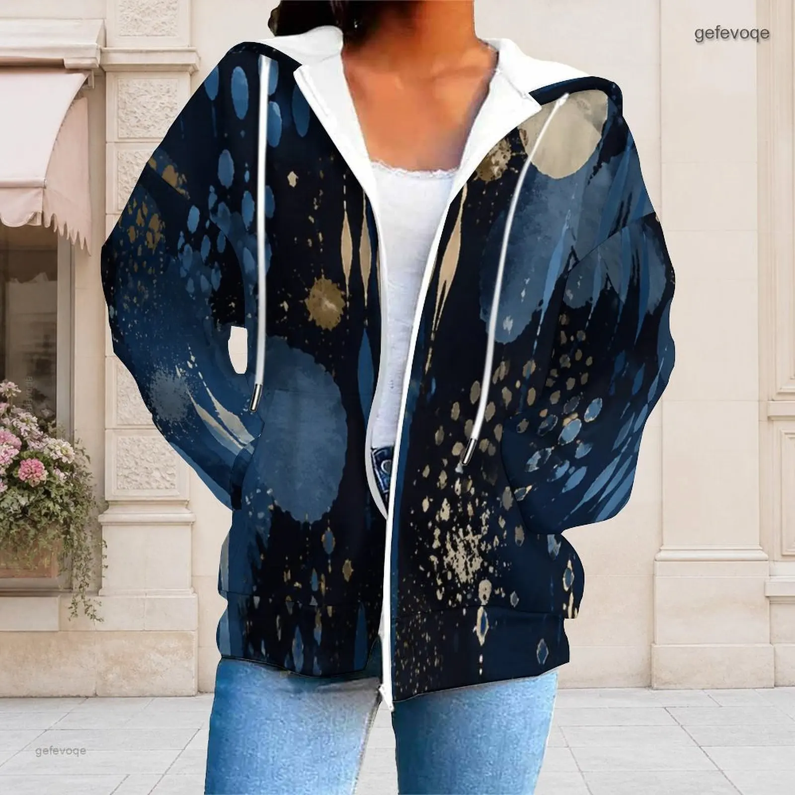 Women Abstract Navy Blue Gold Splatter Print Zip Up Long Sleeve Hoodie