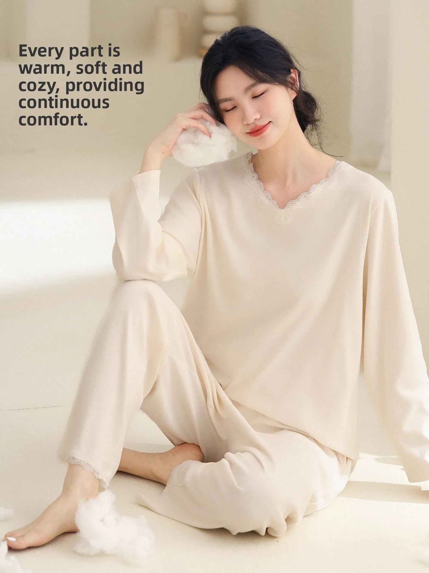 Double-Sided Fleece Velvet Sleepwear V-Neck Long Sleeve Home Clothes for Women Winter Autumn Warm Soft Polyester Spandex Blend