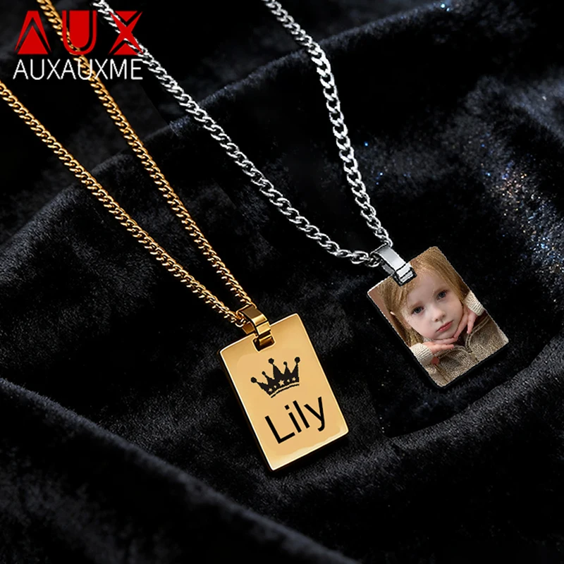 Auxauxme Custom Color Photo Name Rectangle Pendant Necklace Stainless Steel Engraved Text Logo Jewelry Gifts for Dropshipping