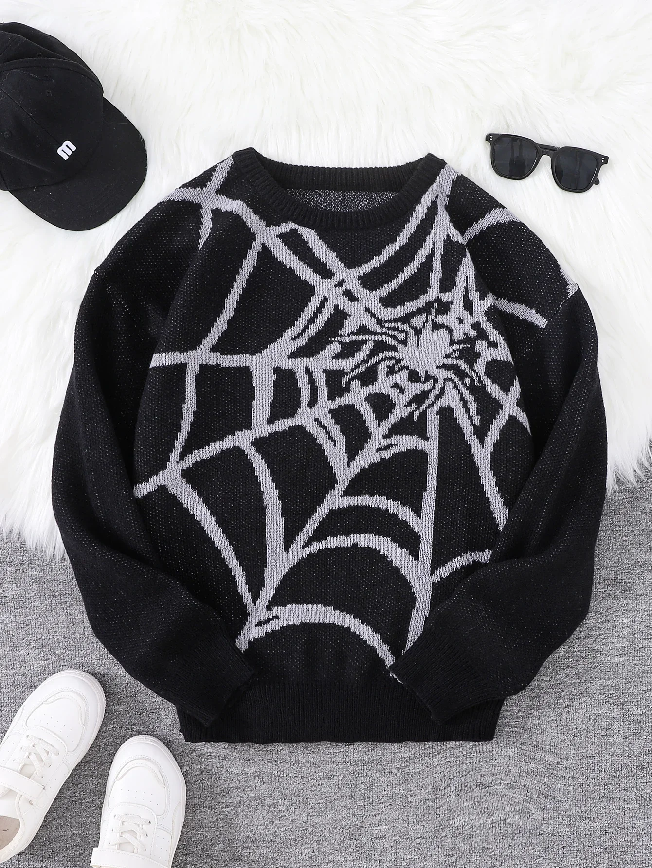 

New Popular Autumn and Winter Spider Web Jacquard Pattern Pullover Sweater Casual Round Neck Knitted Men's Pullover