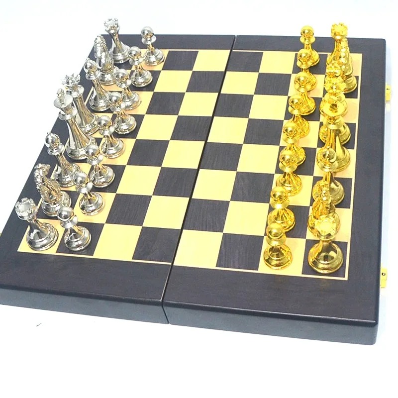 

Luxury Metal Chess Set Gold Silver Chess Piece Portable Foldable Chessboard Board Games Creative Family Table Games for Children