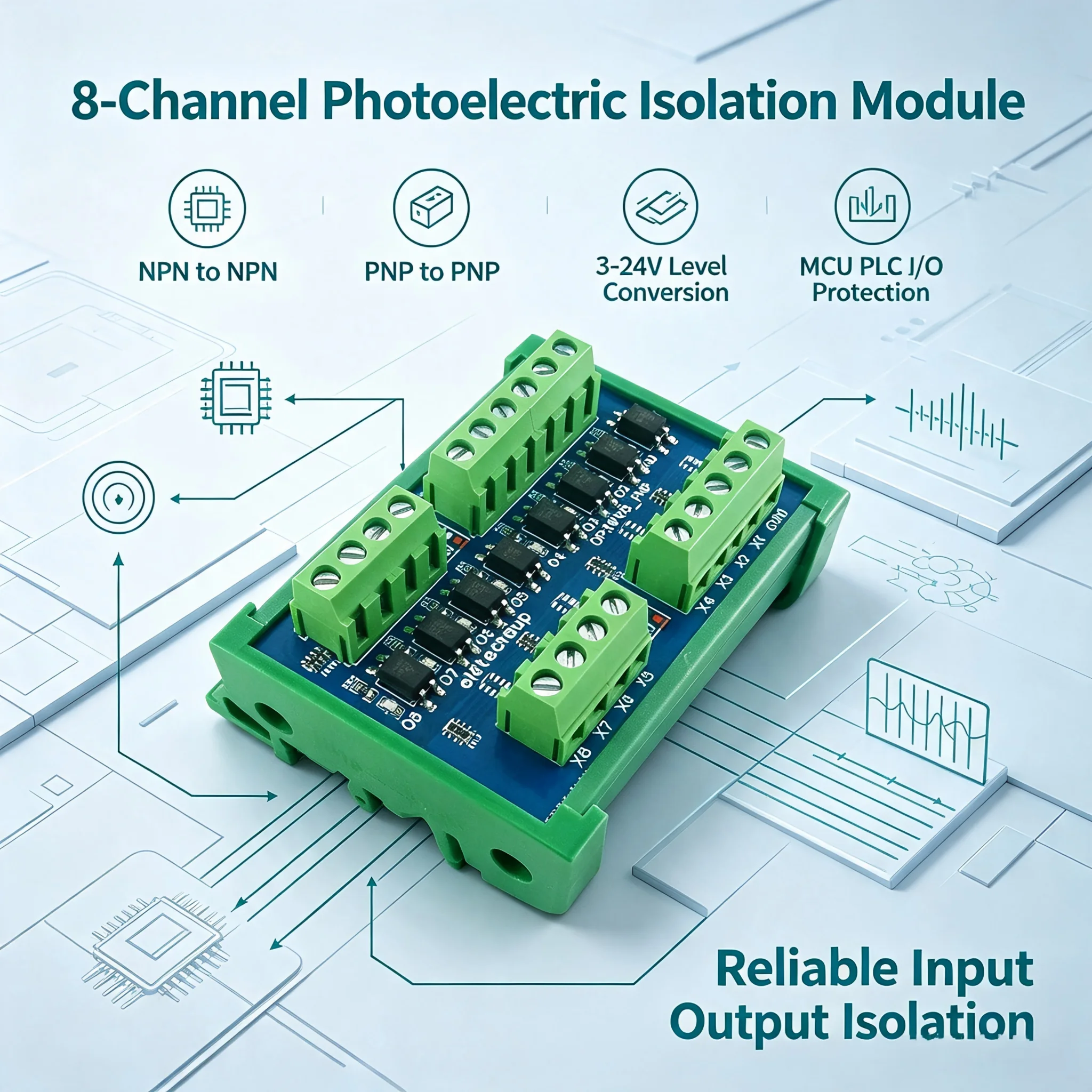 8CH NPN PNP Logic Level Converter Isolation Protection Board Digital Signal Interface for 33V 5V 12V 24V - Electronic Component