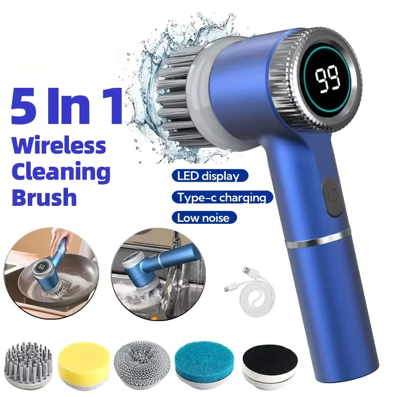 Electric Cleaning Brush Multifunctional Kitchen Bathroom Toilet Portable Powerful Clean Brush 5 Brush Heads LED Display