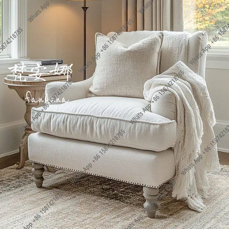 French single sofa chair/beige fabric rivet single sofa/balcony leisure chair/wabi sofa