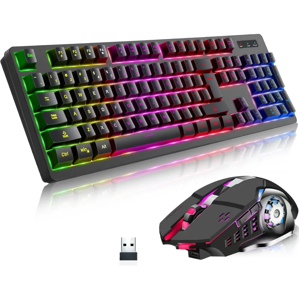 Rechargeable RGB Backlit Gaming Keyboard and Mouse - Long Battery Life, Mechanical Feel for PC Gaming and Work