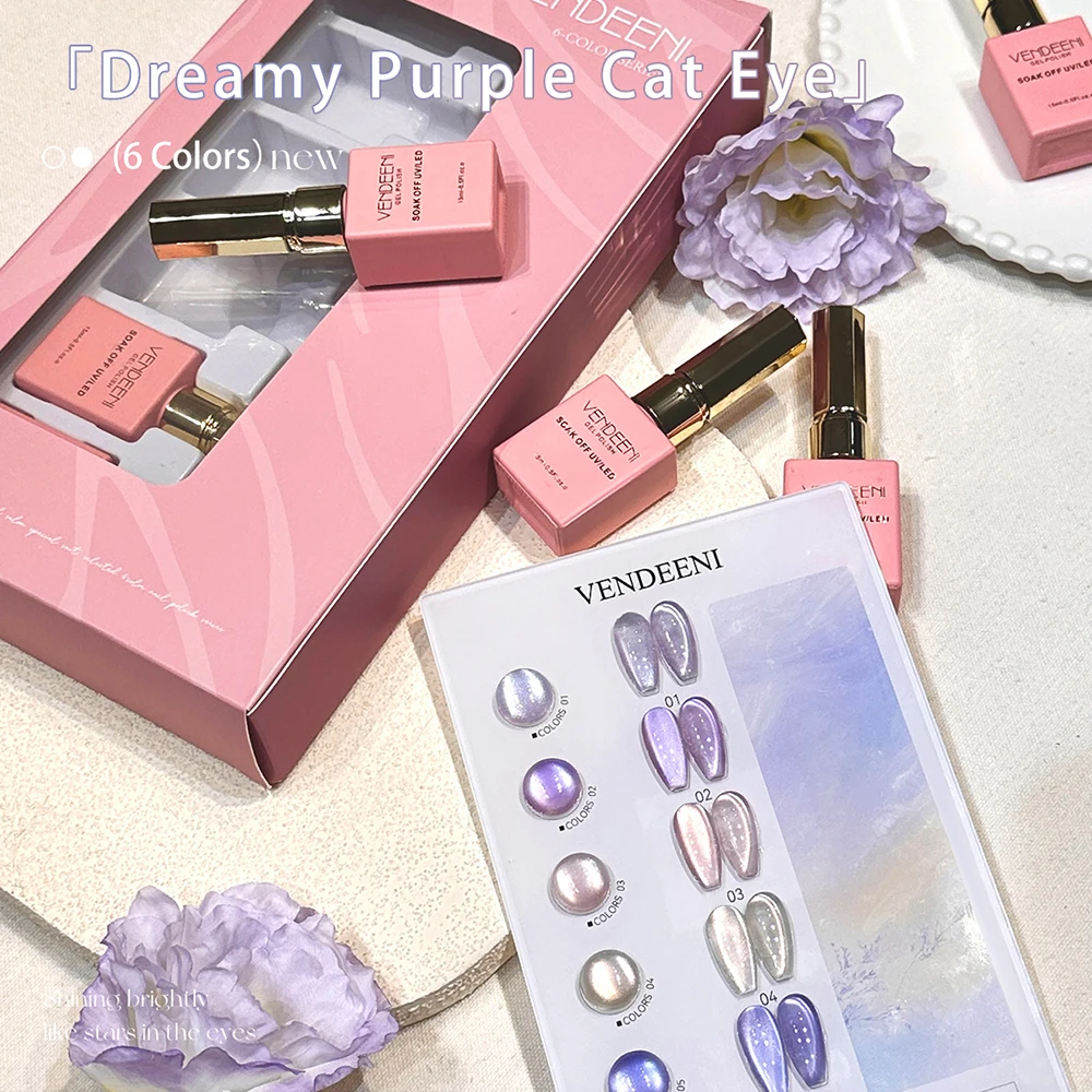 Vendeeni 6 Colors/set Water Light Purple Fine Glitter Crystal Cat Eye Gel Nail Polish Ice Clear Magnetic Varnish With Color Card