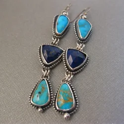 Vintage Triangle Blue Green Stone Earrings Bohemian Ethnic Silver Color Metal Craftsman Carving Pattern Hook Dangle Earrings