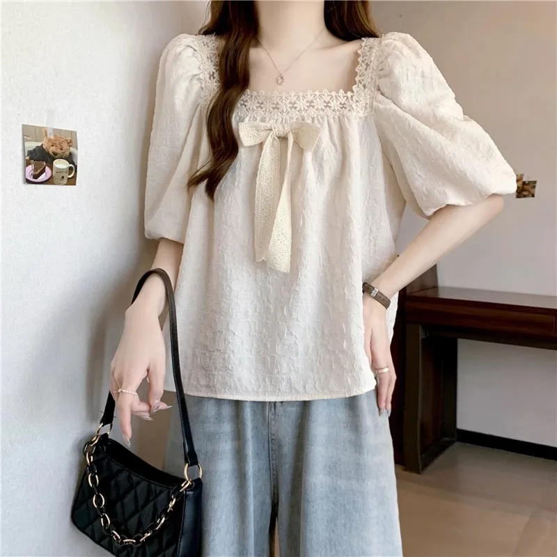 

Short Sleeve Shirts Womens Denim Patchwork Pintuck Slim Fit Shirt School American Retro Boyfriend Student Urban Youthful Casual