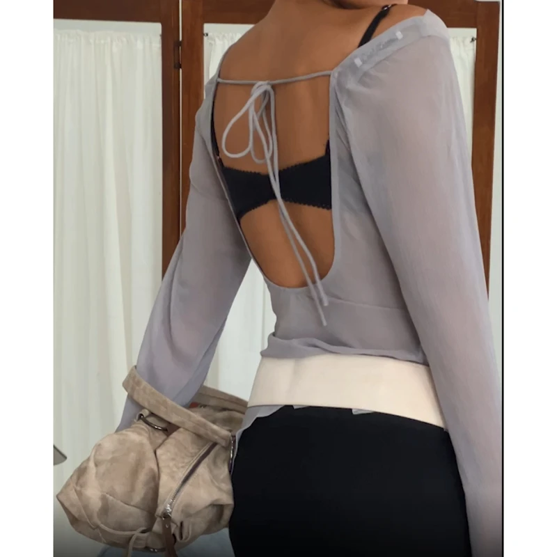Women's Sheer See-through Chiffon Tops Solid Color Boat Neck Long Bell Flare Sleeve Tie-up Backless Cover-up Blouses