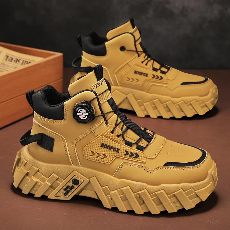 

British Style Yellow Men Platform Boots Convenient Rotating Buckle Men's Motorcycle Boots Comfy Leather Outdoor Work Shoes Man