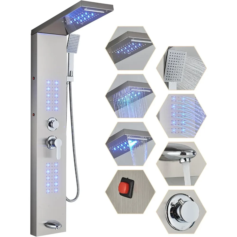 

Modern Shower Tower with LED Shower Head and Full Body Jets - Wall-Mounted Stainless Steel Shower Panel