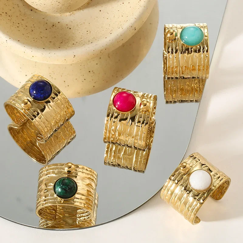 Fashion Jewelry Vintage Temperament Design Colorful Stone Metal Open Wide Rings For Women Party Gifts Hip Hop Accessories