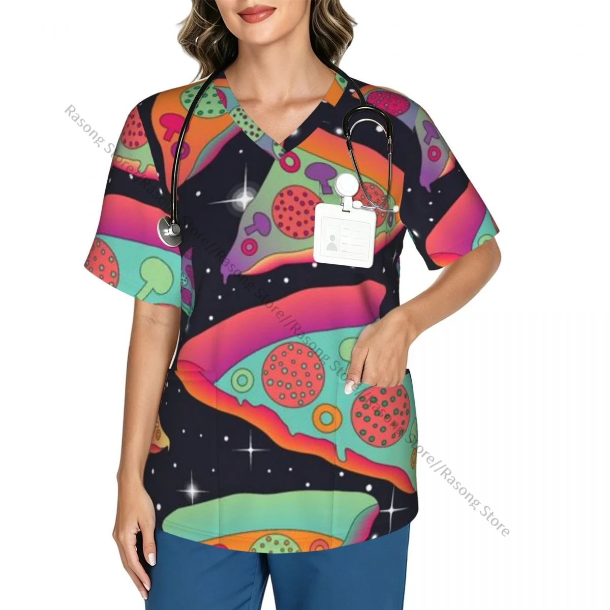 Women's Scrub Tops Short Sleeve Workwear Shirts Fitness Nursing Uniform Colorful Pizza Pullover Doctor Nursing Shirt