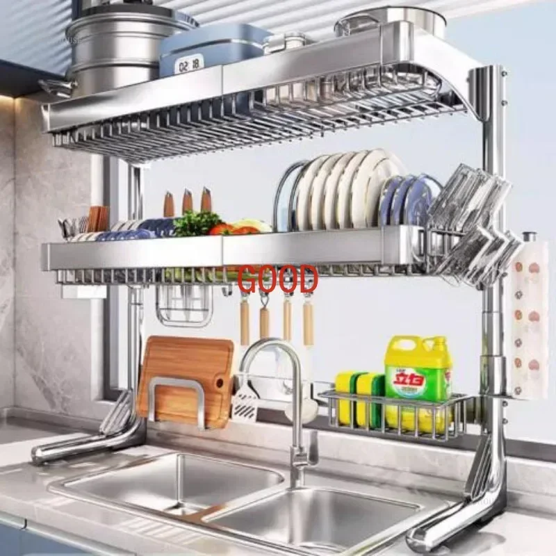 

Telescopic Double-layer Draining Dish Storage Shelf Multifunctional 304 Stainless Steel Sink Storage Rack Kitchen Organization g
