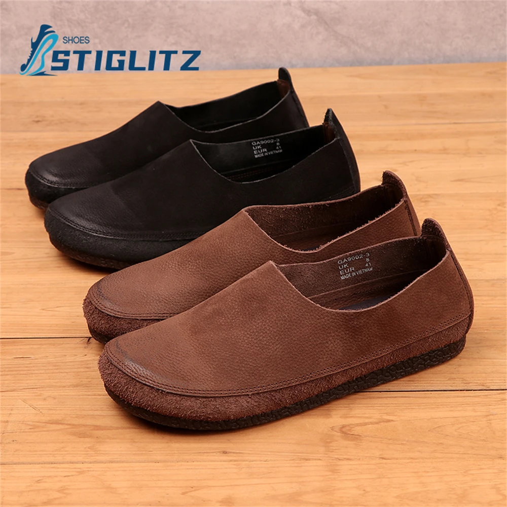 Nubuck Suede Round Toe Pumps for Men Super Soft Sole Comfortable Daily Flats High Quality Concise Slip On Genuine Leather Shoes