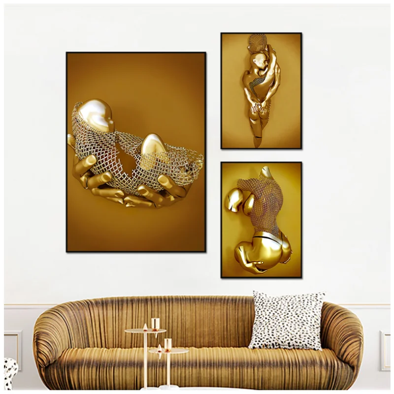 Metal Figure Statue Art Canvas Painting Golden Modern Lovers Sculpture Poster and Print Wall Pictures for Living Room Home Decor