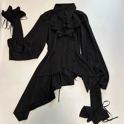 Japanese Lolita Lapel Neck Ruffles Shirts Women 2024 Autum New Slim Waist Blouses Y2k Long Sleeve Lace Up Blusas Mujer