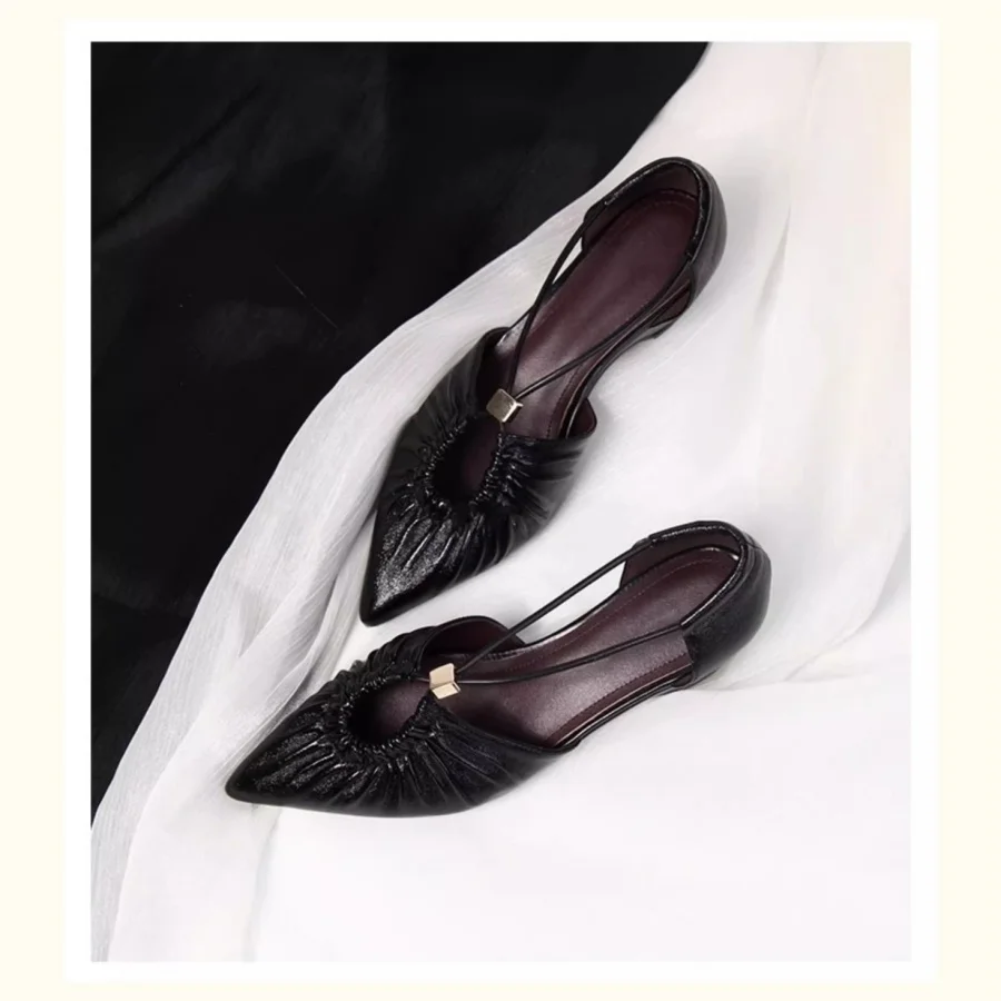 Women Pointed Toe Hollow Out Slingback Sandals Metallic Leather Thick Block Heel Pumps Elegant Summer Backstrap Single Shoes