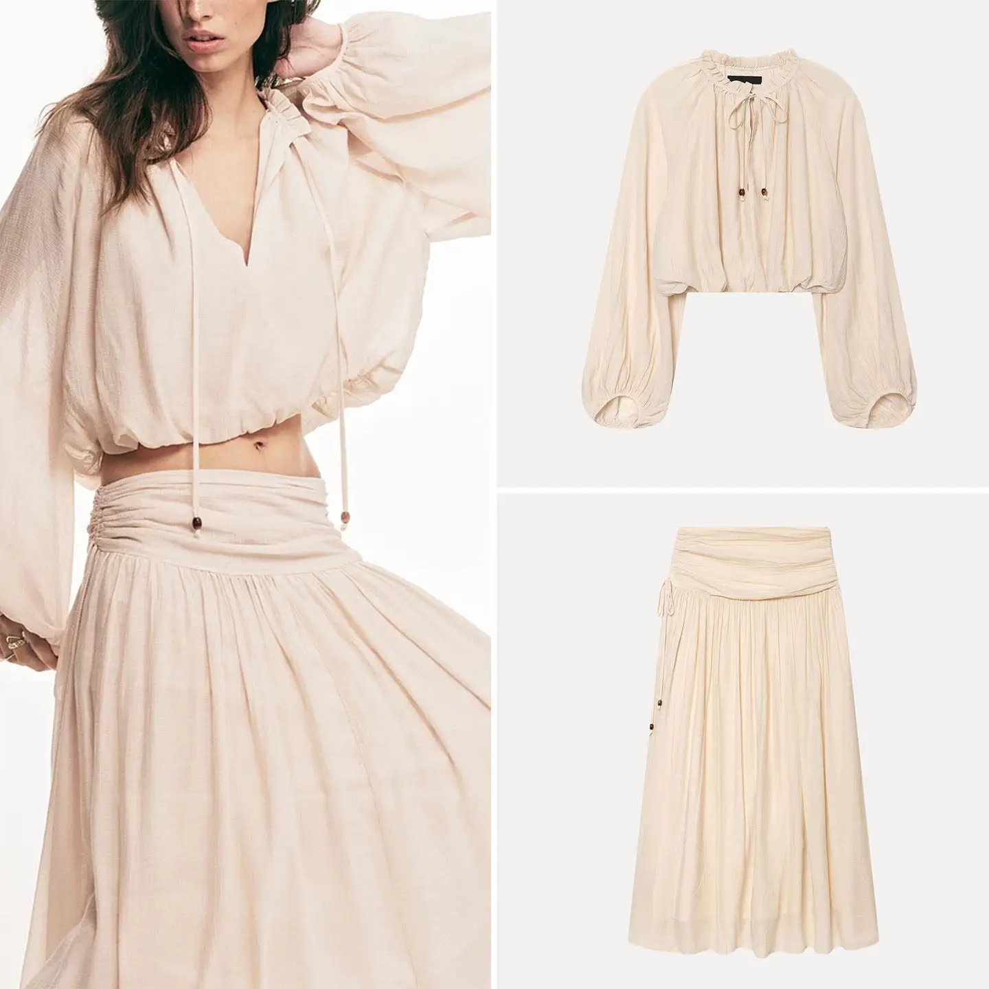 ZADATA Women's Summer Outfit 2026 Oversized Taffeta Top with Wood Grain  Half Skirt Pleated Loose Fit Fashion Set