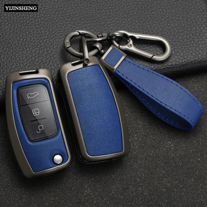 3 Buttons New Zinc Alloy + Leather Car Key Case Cover For Ford Fiesta Focus 2 Ecosport Kuga Escape Falcon B-Max C-Max Eco Sport