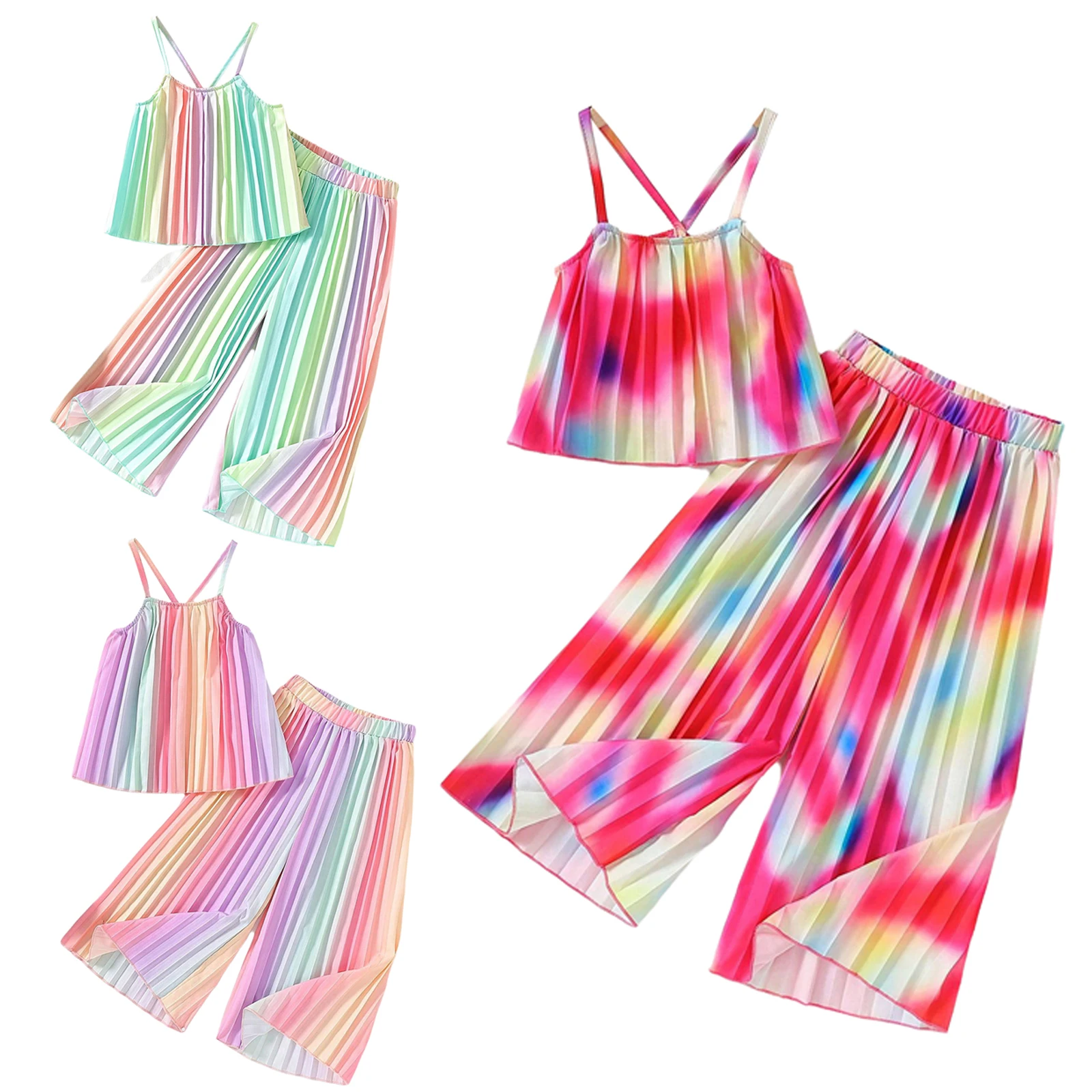

Kids Girls 2 Piece Boho Outfits Pleated Spaghetti Strap Camisoles with Elastic Waistband Pants Summer Clothes Holiday Daily Wear