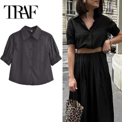 TRAF 2024 Black Shirt Women Summer Crop Top Female Button Up Short Sleeve Shirt Woman Fashion Streetwear Casual Cropped Blouse