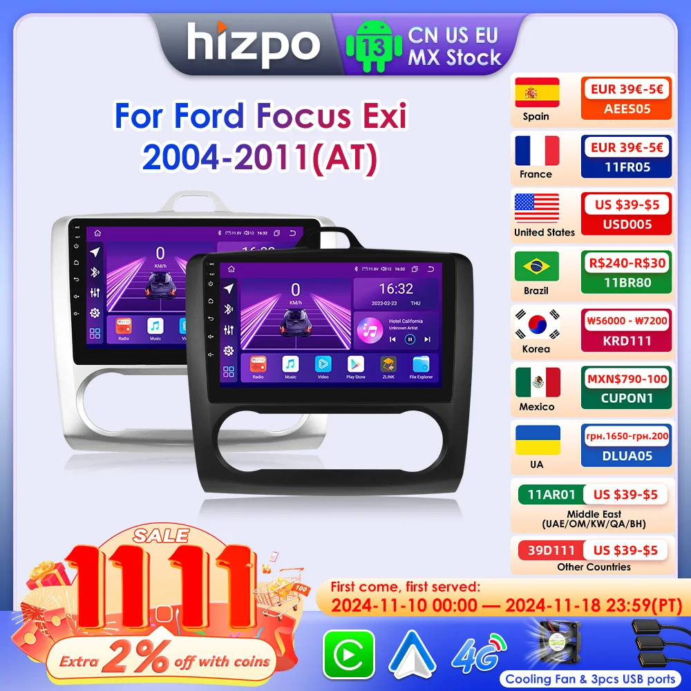 Hizpo CarPlay Car Radio For Ford Focus 2 Mk2 2004-2008 2009 2010 2011 Android Auto Multimedia Player GPS 2din Autoradio RDS 7862