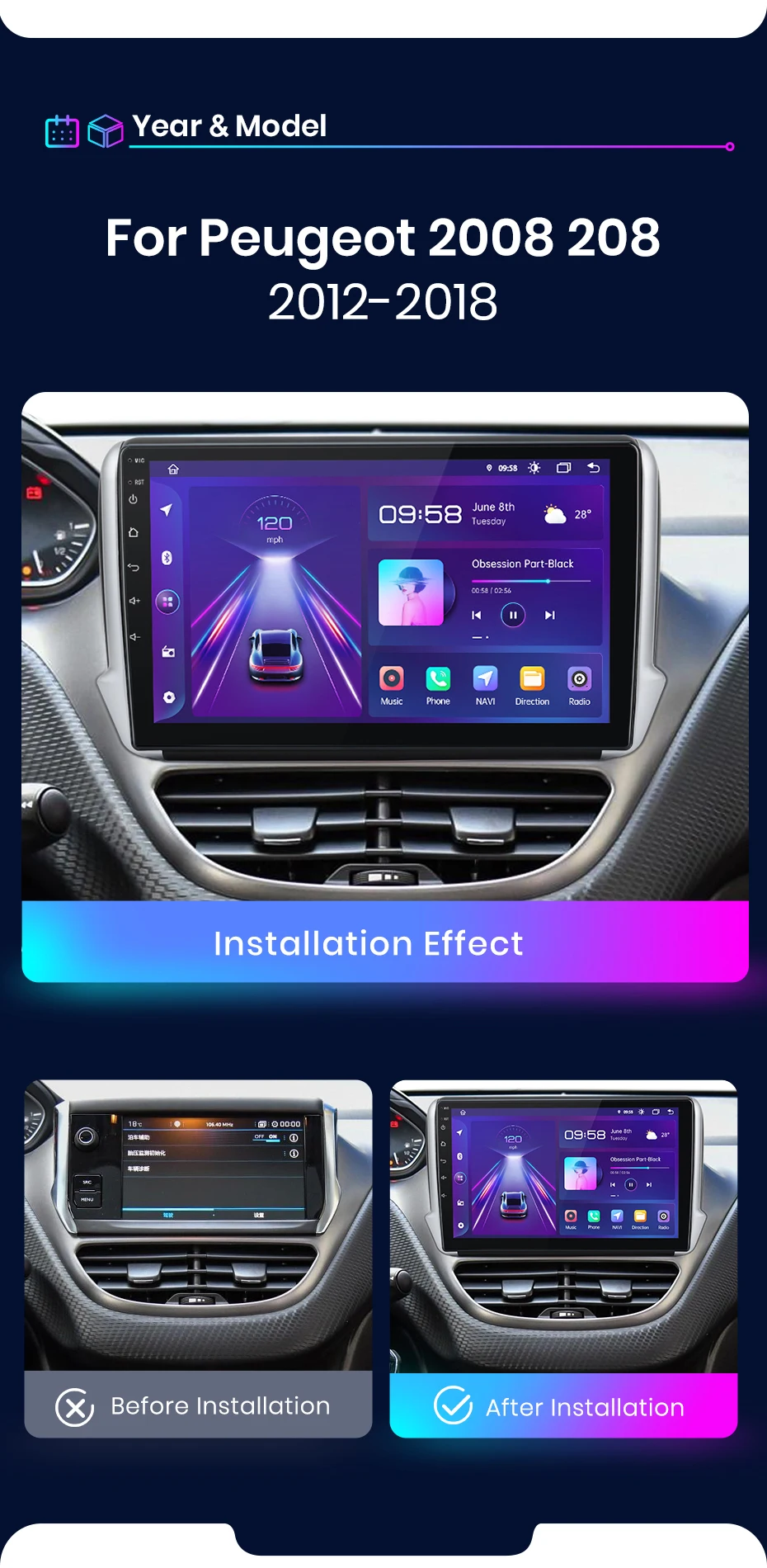 Junsun Wireless Carplay Android Auto Autoradio für Peugeot 2008 208 2012-2018 GPS Multimedia 2 Din – Detail 5