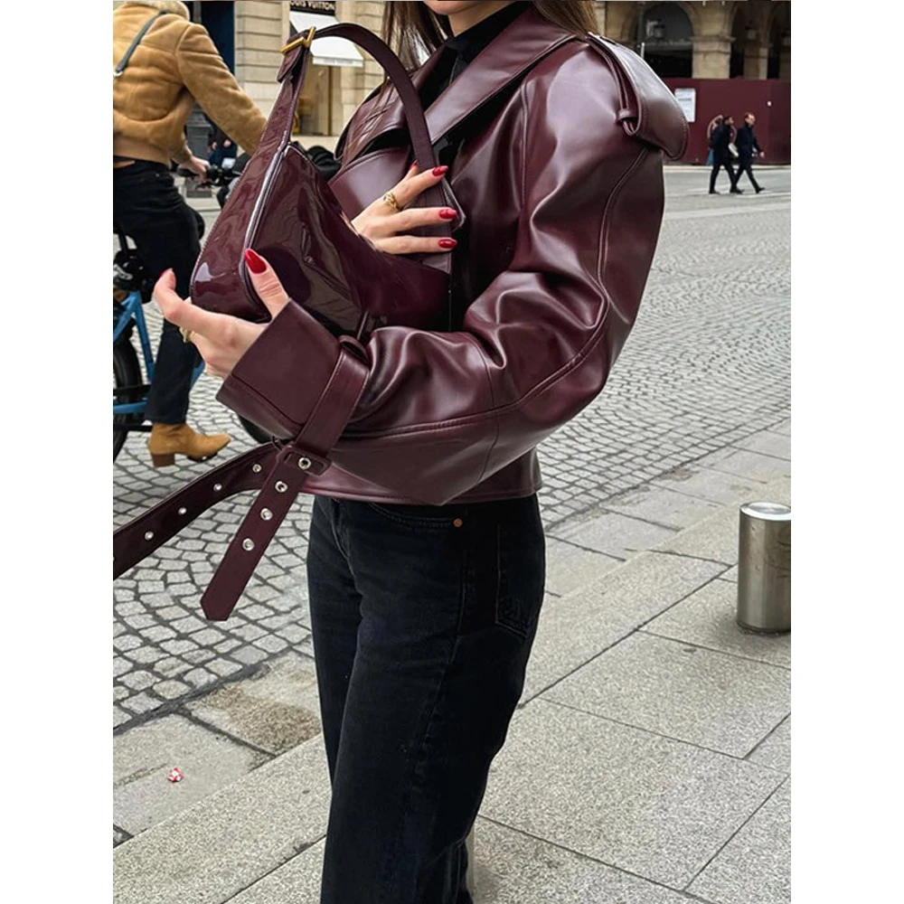 Femmes en cuir PU Jaet vin rouge col rabat manchette réglable moto Sle Long Sve Faionable automne hiver manteau