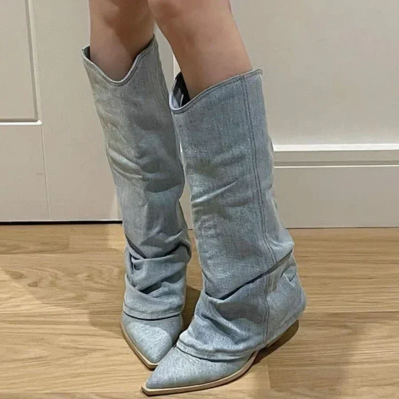 

Women Pleats Blue Denim Thigh High Boots Autumn New Thick Heeled Pointed Toe Cowboy Boots Woman Slip On Western Long Boots