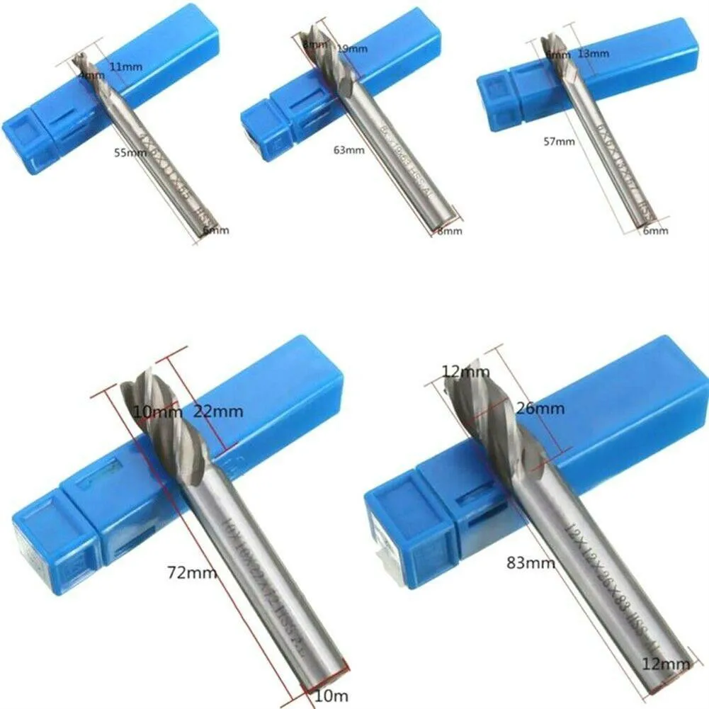 5 PCS/set End Mill Carbide 4 Flutes CNC HSS End Milling Cutter Slot Drill Bit Set 4-12mm Cutting Hook Grooves Straight Handle