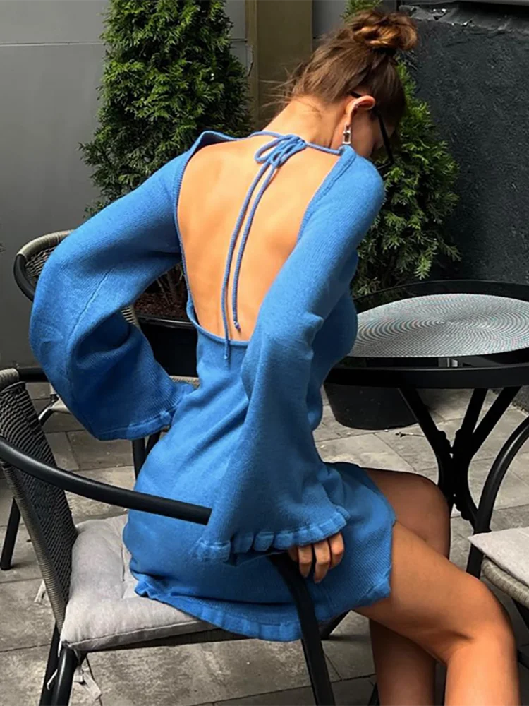 Absobe gestrickt aus geschnitten Mini kleid mit offenem Rücken Frauen Neck holder Schnürung Langarm schlank vielseitig Top Hottie Herbst lässig Streetwear