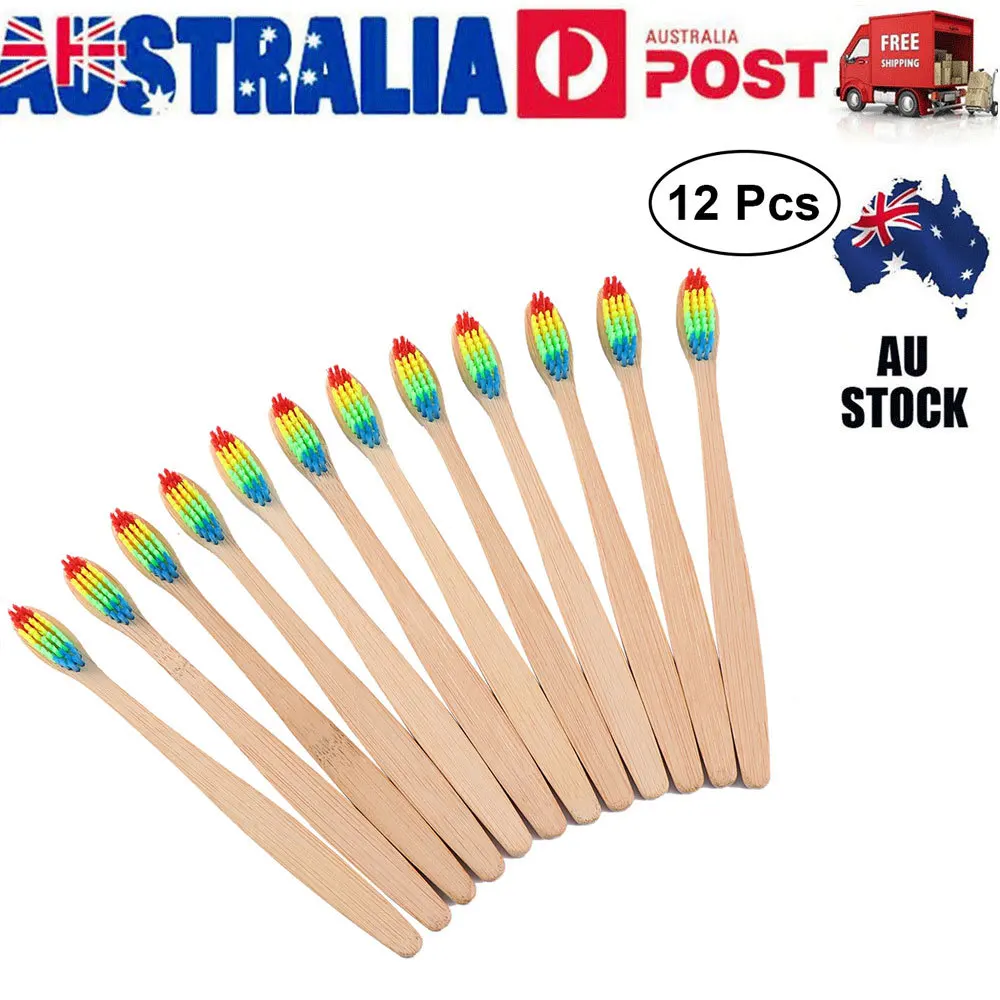12 قطعة فرشاة أسنان مصنوعة من خشب الخيزران مقبض قابل للتحلل تصميم مريح يزيل البقع ويبيض الأسنان شعيرات قزحية صديقة للبيئة #3