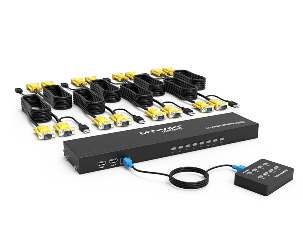 8 Port KVM Switch VGA, MT-VIKI Rack KVM Console 8x1 Switcher 8 in 1 Out 1080P + 8-Pack Cables