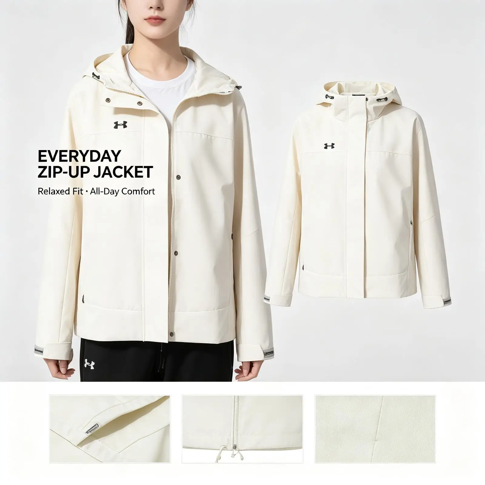 Underarmour Lightweight White Jacket for Women Men Smooth Fabric Full-Zip Up Jacket Relaxed Fit Casual Outdoor Streetwear