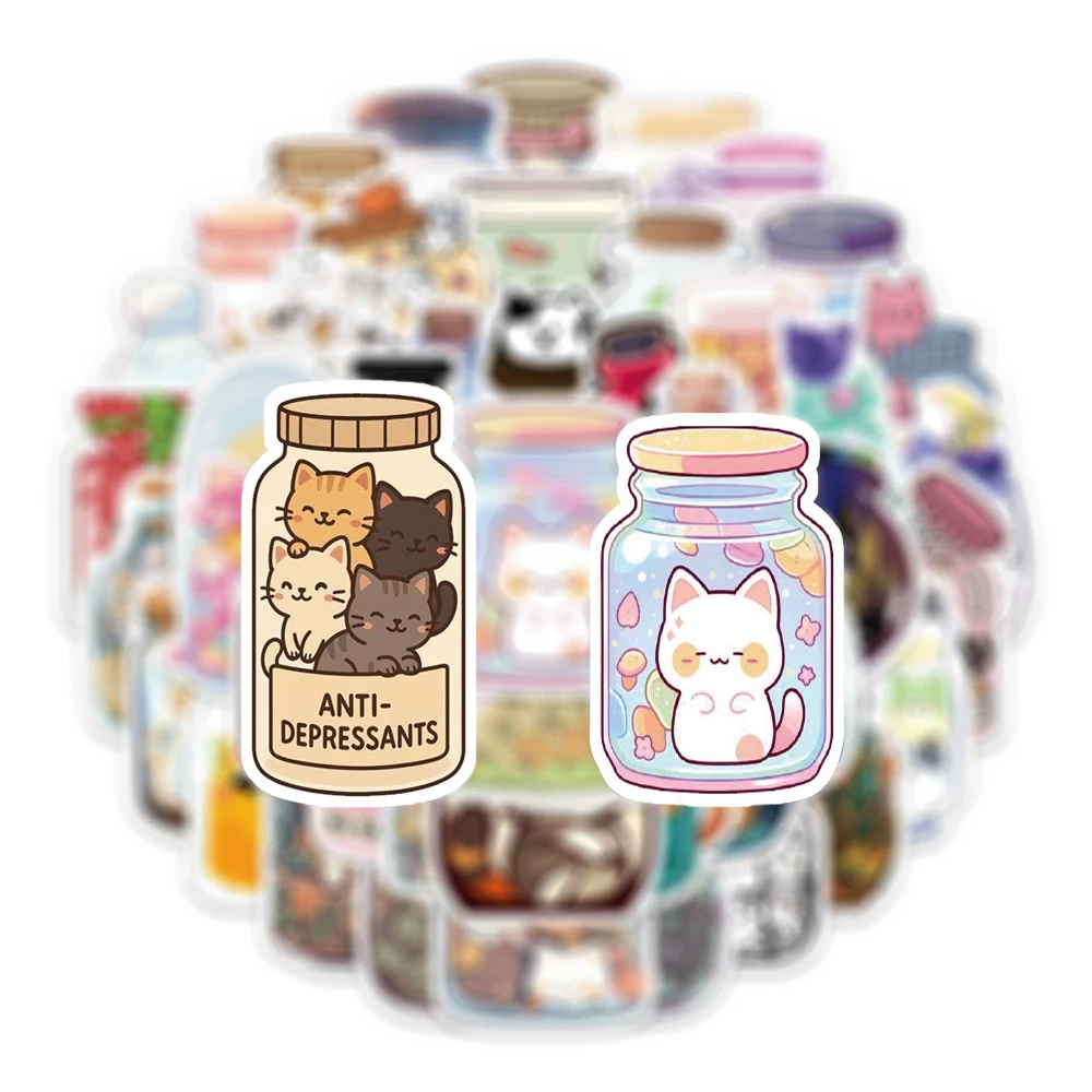 

10/30/60pcs INS Style Cartoon Bottle World Cat Stickers Cute Creative Decals Skateboard Phone Suitcase Bike Sticker Decoration