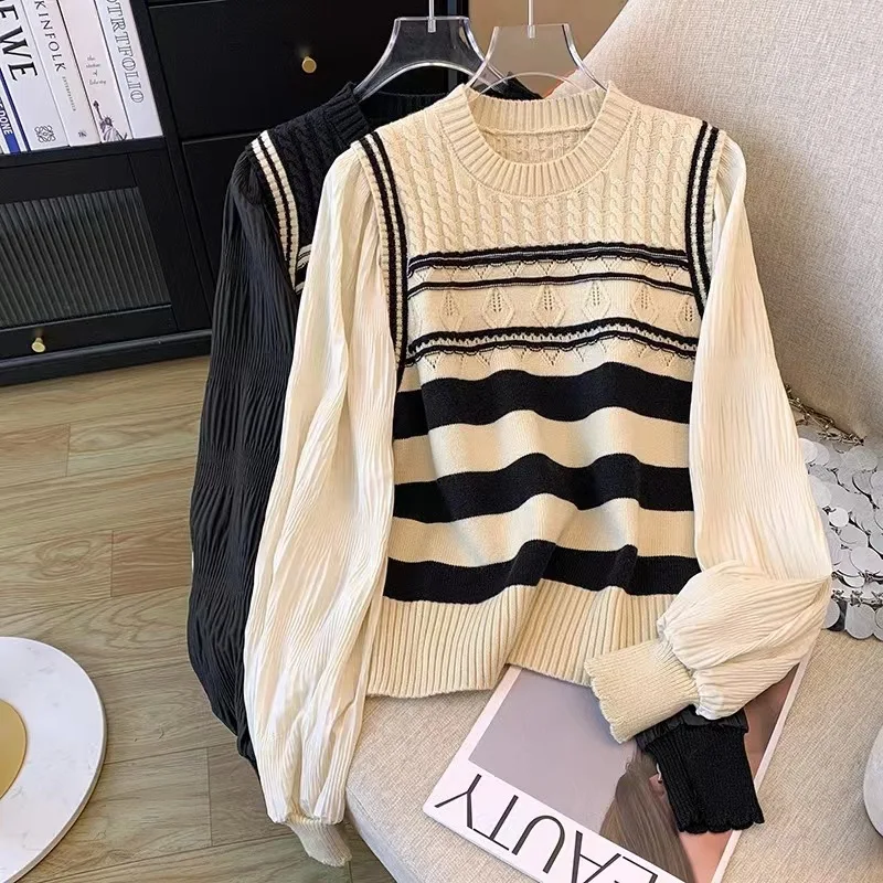 

Half High Collar Women's Sweater Autumn Winter 2024 Loose Pullover Warm Thicken Stripe Vintage Preppy Style Knitwear Top L393