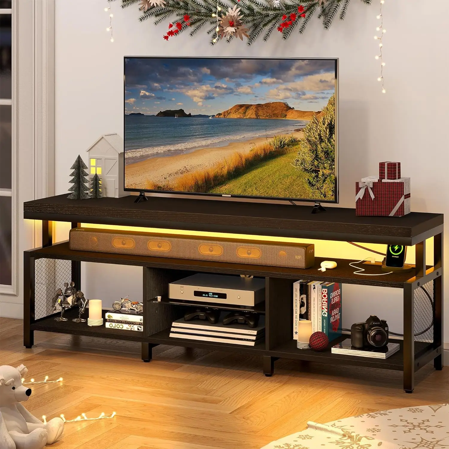 

LED Television Stands w/Power Outlets for 70/65 inch, Modern Industrial TV Stand, Entertainment Center w/Open Storage TV Table