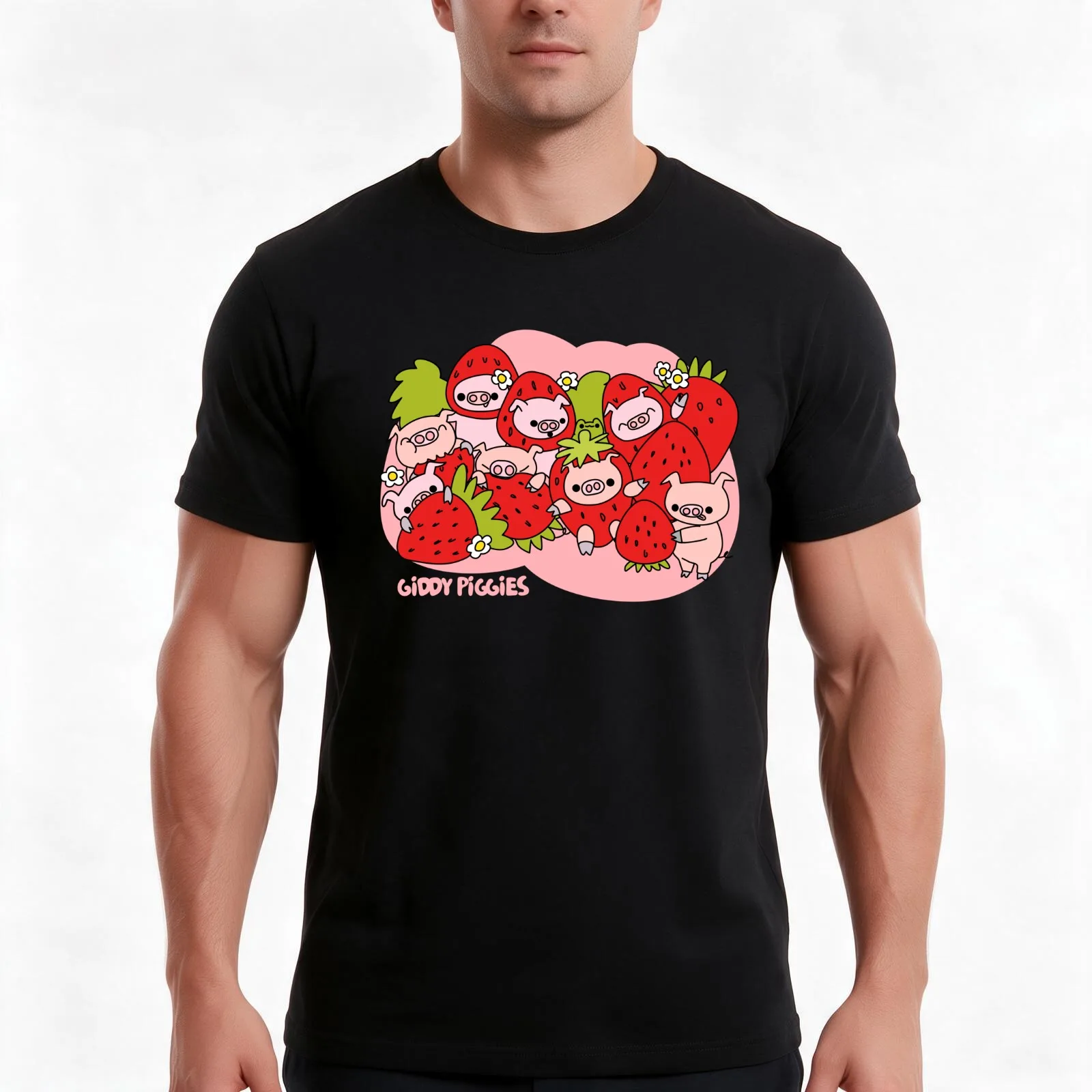 Giddy Piggies Strawberry Craze T-Shirt Summer Casual Cotton Tee Oversized Streetwear Tops Vintage Graphic Print 100% Cotton