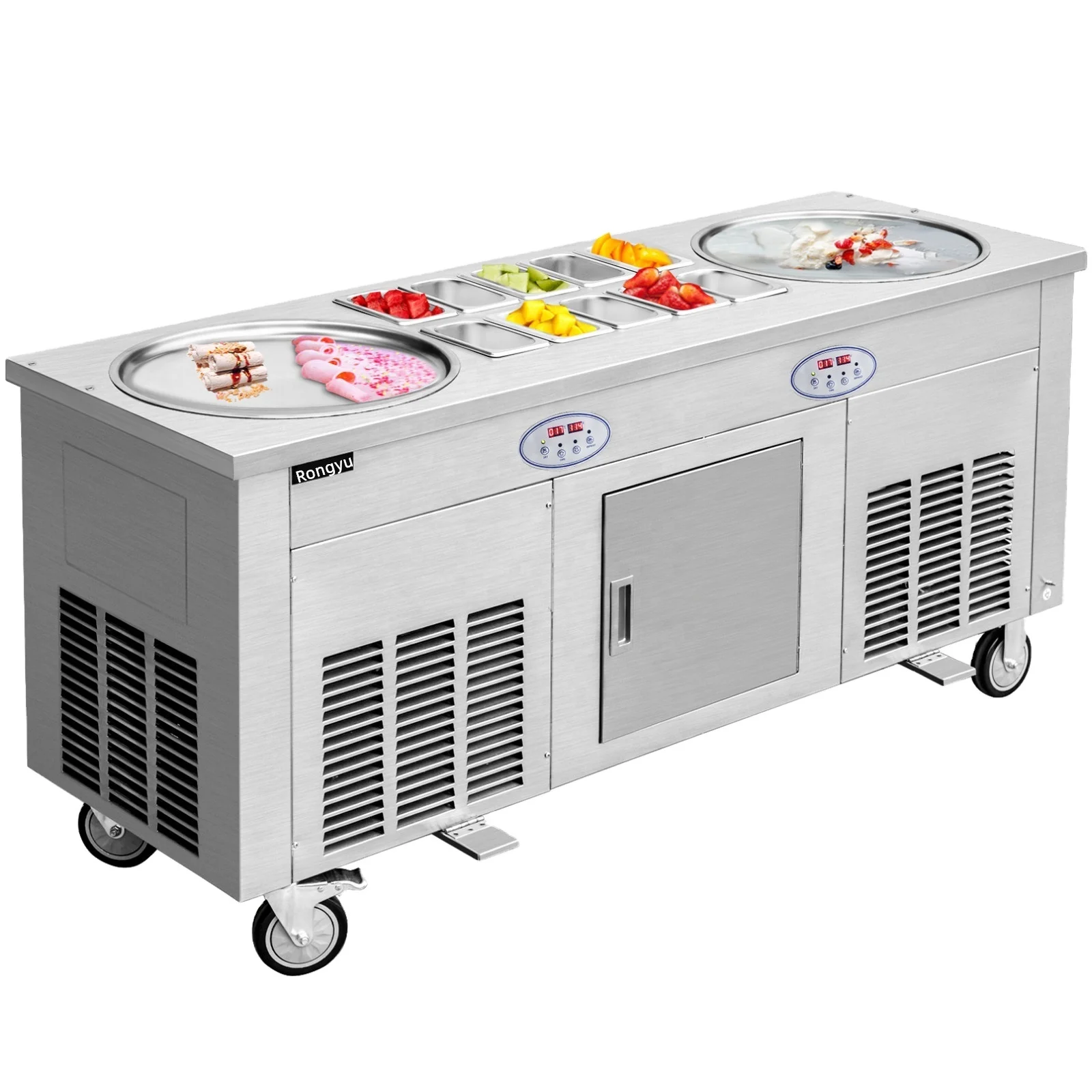 

2800w Commercial Double Pans Fried Ice Cream Rolling Machine With 10 Buckets Stainless Steel Moveable Roll Ice Cream Maker